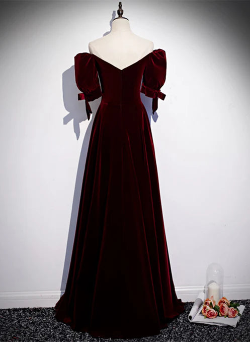 Luolandi Wine Red Velvet Floor Length Short Sleeves Party Dress A-line Bridesmaid Dress Elegant Evening Dress